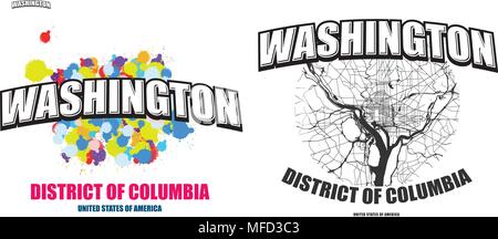 Washington, DC, logo design. Two in one vector arts. Big logo with vintage letters with nice colored background and one-color-version with map for eve Stock Vector