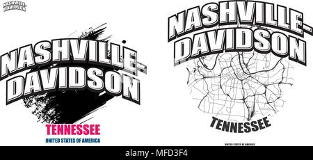 Nashville, Tennessee, logo design. Two in one vector arts. Big logo with vintage letters with nice colored background and one-color-version with map f Stock Vector