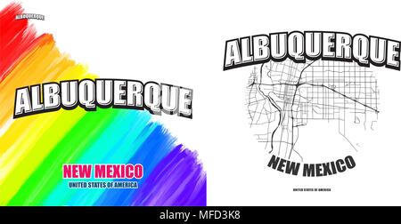 Albuquerque, New Mexico, logo design. Two in one vector arts. Big logo with vintage letters with nice colored background and one-color-version with ma Stock Vector