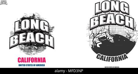 Long Beach, California, logo design. Two in one vector arts. Big logo with vintage letters with nice colored background and one-color-version with map Stock Vector