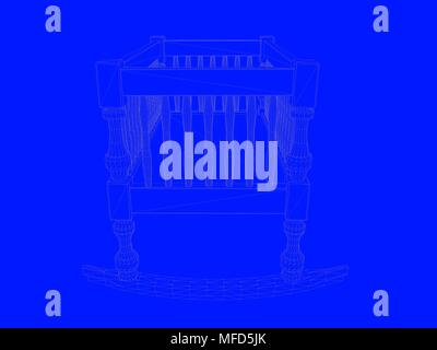 3d rendering of a bed blueprint as lines on a blue background Stock Photo