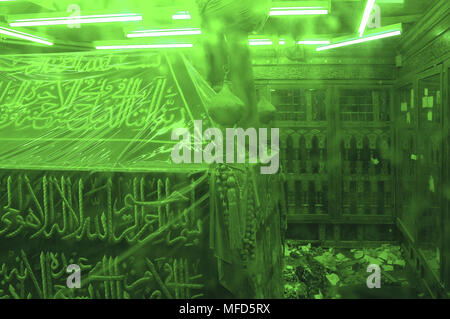 Sealed glass tomb inside Imam Muhammad al Shafi'i mausoleum who was a Muslim theologian founder of Usul al-Fiqh Islamic study located in Cairo Egypt Stock Photo