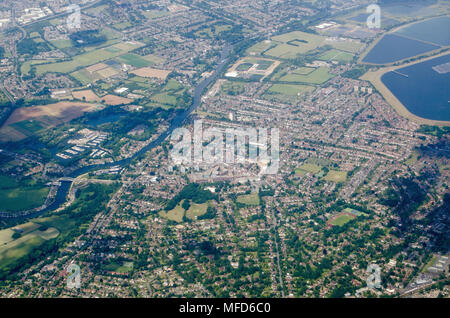 View from the air of the riverside town of Walton-on-Thames in the Surrey borough of Elmbridge.  The Queen Elizabeth II storeage reservoir helps provi Stock Photo
