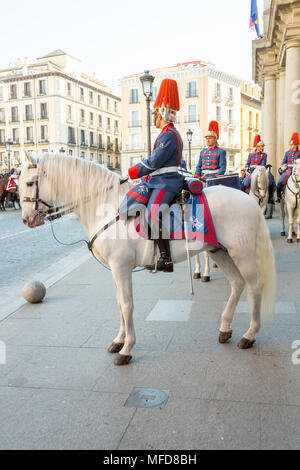 Madrid, Spain - March 11, 2015: Ceremonial horses and military get ready for a parade in Plaza de la Provincia, Madrid. Stock Photo