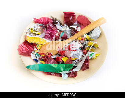 Concept image meal made of single use plastics from a supermarket as a concept of ingesting micro plastics in our food Stock Photo
