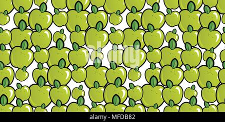 Repeating seamless pattern of bright green cartoon apples Stock Vector