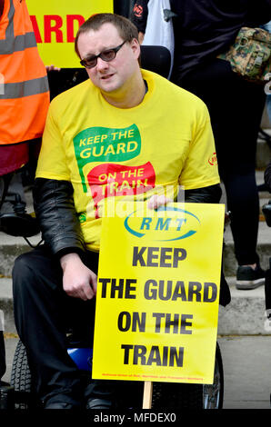 London, UK. 25th April 2018. The RMT union demonstrate at Old Palace Yard on the second anniversary of Britain's longest-running dispute - against Driver Only Operation of trains on Southern Rail without a guard on bord. The protest was followed by a meeting in the Houses of Parliament Credit: PjrFoto/Alamy Live News