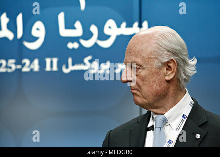 Brussels, Belgium. 25th April 2018. Staffan de MISTURA, United Nations Special Envoy for Syria gives a press conference at the results of international conference on the future of Syria and the region.Alexandros Michailidis/Alamy Live News Stock Photo