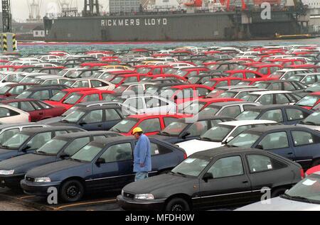 523 cars of the Korean automaker Daewoo arrived on 29.1.1995 in the car port of Bremerhaven. These are trolley cars, which are to be offered for sale for the first time from the end of February on the German market. The two models 'Nexia' and 'Espero' should cost less than 20,000 or 30,000 marks. | usage worldwide Stock Photo
