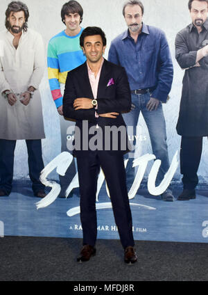 Indian film actor Ranbir Kapoor pose while the film Sanju's teaser launch at PVR, Juhu in Mumbai. Stock Photo