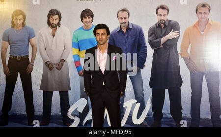 Indian film actor Ranbir Kapoor pose while the film Sanju's teaser launch at PVR, Juhu in Mumbai. Stock Photo