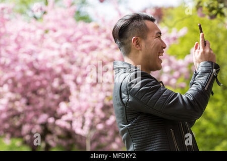 London, UK. 25th April, 2018. UK Weather: Locals and tourists enjoy the lush pink cherry blossom as it peaks on a sunny afternoon in Greenwich Park. Credit: Guy Corbishley/Alamy Live News