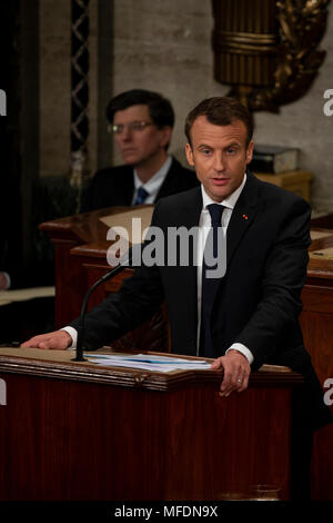 French President Emmanuel Macron delivers a joint address to the United States congress at the United States Capitol in Washington, DC on April 25, 2018. Credit: Alex Edelman / CNP