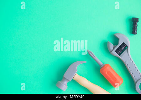Plastic carpentry tools minimal creative background. Space for copy, Stock Photo
