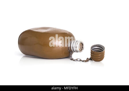 Old Military canteen. Army water canteen isolated on a white background. military water bottle Stock Photo