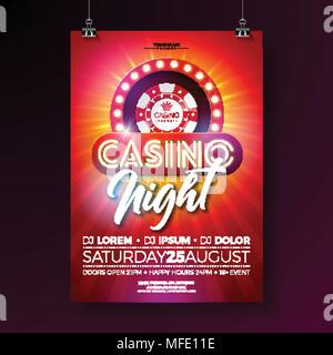 Vector Casino night flyer illustration with gambling design elements and shiny neon light lettering on red background. Luxury invitation poster template. Stock Vector