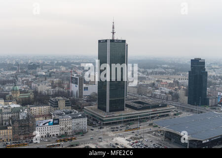 Warsaw, Poland - March 5 2018: Aerial view of Warsaw City center with the Central train station and the Marriott hotel tower in Poland capital city. Stock Photo