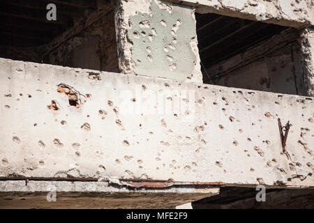Close up of bullet damage on a wall from the Bosnian War in Mostar, Bosnia and Herzegovina Stock Photo