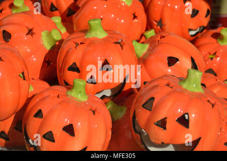 Jack-o'-Lantern Halloween pumpkins carved faces Stock Photo