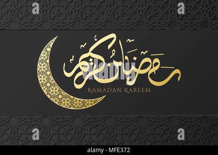 Gift horizontal card on Ramadan Kareem. Gold moon. Islamic dark geometric ornament. Hand drawn golden calligraphy. Religion Holy Month. Eid Mubarak. V Stock Vector