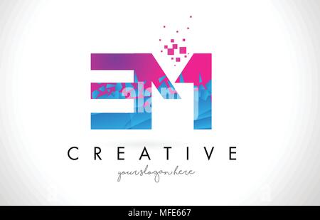 EM E M Letter Logo with Broken Shattered Blue Pink Triangles Texture Design Vector Illustration. Stock Vector