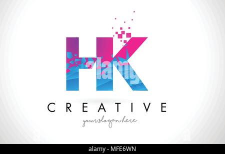 HK H K Letter Logo with Broken Shattered Blue Pink Triangles Texture Design Vector Illustration. Stock Vector