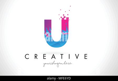 U Letter Logo with Broken Shattered Blue Pink Triangles Texture Design Vector Illustration. Stock Vector