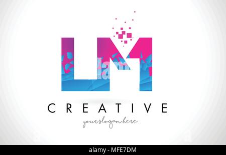 LM L M Letter Logo with Broken Shattered Blue Pink Triangles Texture Design Vector Illustration. Stock Vector