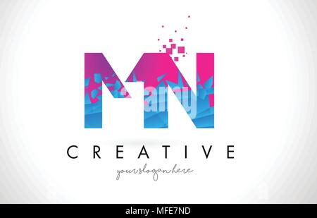 MN M N Letter Logo with Broken Shattered Blue Pink Triangles Texture Design Vector Illustration. Stock Vector