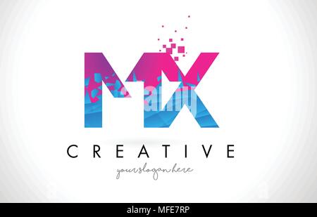 MX M X Letter Logo with Broken Shattered Blue Pink Triangles Texture Design Vector Illustration. Stock Vector