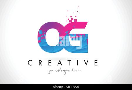 OG O G Letter Logo with Broken Shattered Blue Pink Triangles Texture Design Vector Illustration. Stock Vector