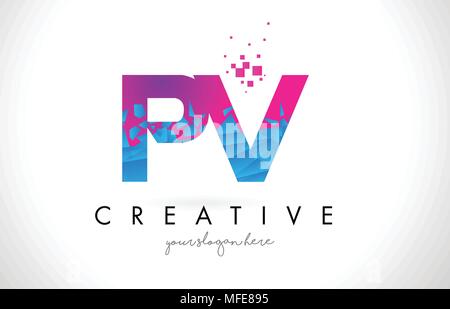 PV P V Letter Logo with Broken Shattered Blue Pink Triangles Texture Design Vector Illustration. Stock Vector