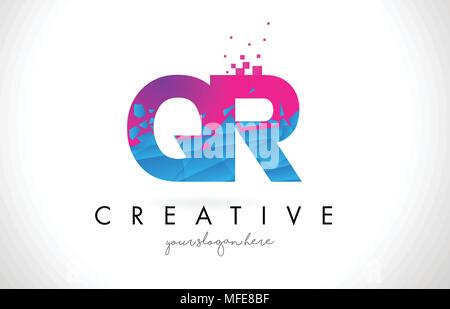 QR Q R Letter Logo with Broken Shattered Blue Pink Triangles Texture Design Vector Illustration. Stock Vector