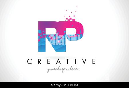 PM P L Letter Logo with Shattered Broken Blue Pink Texture Design