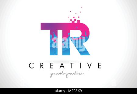 Purple Pink TR T R Letter Logo Design with Ink Watercolor Splash Spill ...