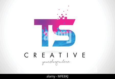 TS T S Letter Logo with Broken Shattered Blue Pink Triangles Texture Design Vector Illustration. Stock Vector
