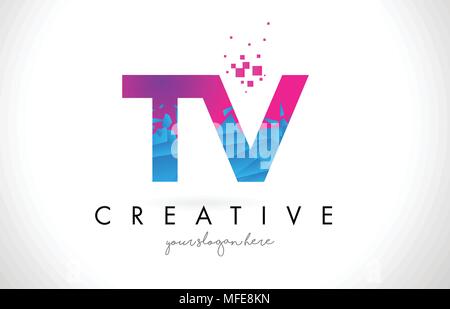TV T V Letter Logo with Broken Shattered Blue Pink Triangles Texture Design Vector Illustration. Stock Vector