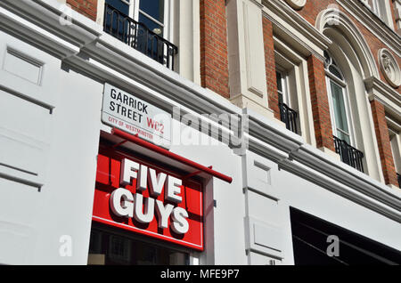 Five Guys restaurant in Garrick Street WC2, Covent Garden, London, UK. Stock Photo