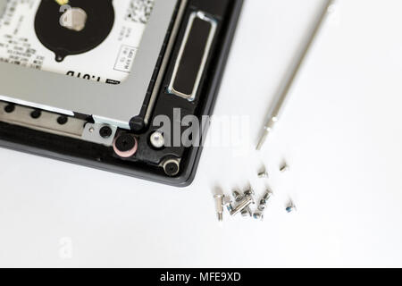 Screwdriver, disassembled notebook and screws against white background. Technics repair  workshop. Electronics professional service concept.Copyspace Stock Photo