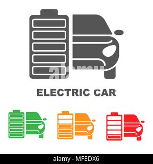 Electric car premium illustration icon, isolated, color on white background, with text elements. Stock Vector
