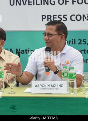 Quezon City, Philippines. 25th Apr, 2018. Aquino said that there are specific conditions for eligibility to the program that must be met by surrendering drug personalities. 'They must not belong to the PDEA/PNP target list, wanted list and watch list, or has any pending criminal case/s. Those who availed of the plea bargaining agreement and/or convicted under Section 15, Article II of RA 9165 that are required to undergo rehabilitation and those who served jail terms for violation of the anti-drug law,' Aquino pointed out. Credit: Robert Oswald Alfiler/Pacific Press/Alamy Live News Stock Photo