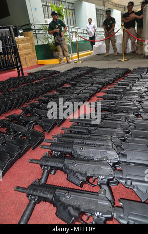 Quezon City, Philippines. 25th Apr, 2018. PDEA procured 689 units of tactical modular type vest with a total value of Php55,051,100.00; 43 units of mobile armor riffle protective/ballistic shield with a total value 32,526,000.00. The high-powered firearms consisted of 560 units of Galil rifle has a total value of Php 9,444,735.00. Credit: Robert Oswald Alfiler/Pacific Press/Alamy Live News Stock Photo