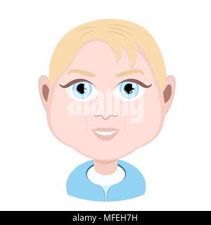 Cartoon character, vector drawing portrait child, male smile facial emotion, baby avatar, icon, sticker. Cute boy blonde with big blue eyes, smiling,  Stock Vector