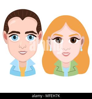 Cartoon character, vector graphic drawing portrait boy and girl, smile facial emotion, avatar, icon, sticker. Cute man and woman with big eyes in jack Stock Vector