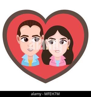 Cartoon character, vector drawing portrait lovers couple boy and girl, icon, sticker. Loving man and woman with big eyes looking at each other in hear Stock Vector