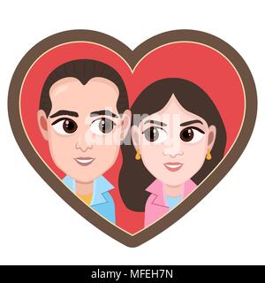 Cartoon character, vector drawing portrait lovers couple boy and girl, icon, sticker. Loving man and woman with big eyes looking at each other in hear Stock Vector