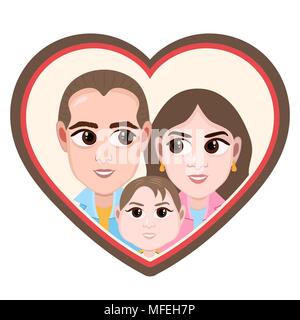 Cartoon character, vector drawing portrait happy family couples, icon, sticker. Loving husband, wife and child with big eyes smiling and cheerful in h Stock Vector