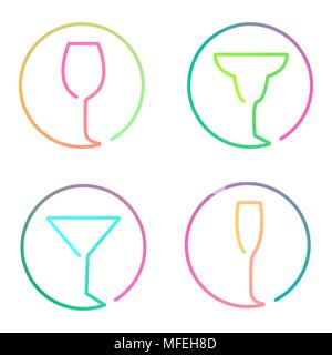 Continuous line art logo set of different glasses, wine, margarita cocktail, martini, champaign Stock Vector