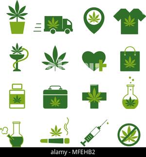 Marijuana, Cannabis icons. Set of medical marijuana icons. Marijuana leaf. Drug consumption. Marijuana Legalization. Isolated vector illustration. Stock Vector