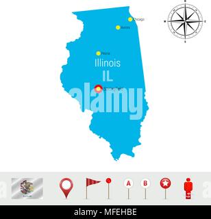Illinois Vector Map Isolated on White Background. High Detailed Silhouette of Illinois State. Vector Flag of Illinois. 3D Map Markers or Pointers, Nav Stock Vector